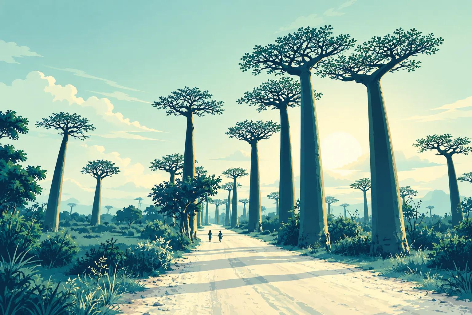 Allée des Baobabs à Madagascar, illustrée en 2D dans les tons vert sarcelle et menthe de VAM.